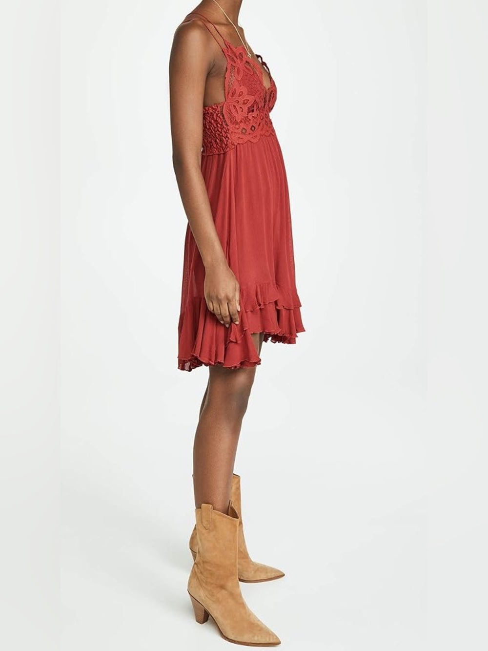 Free People Adella Slip Dress Dark Cherry Red Sz M Lace Boho Babydoll Mini Dress - Picture 8 of 9